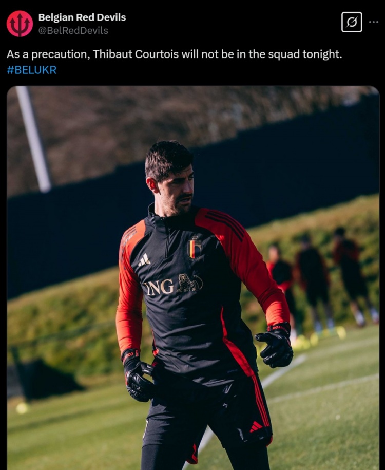 膝蓋出現(xiàn)傷情，比利時(shí)官方：作為預(yù)防措施，庫(kù)爾圖瓦不出戰(zhàn)烏克蘭