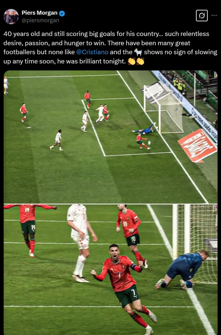 摩根叒稱贊C羅：40歲了還如此渴望勝利，沒有球員能做到GOAT這樣